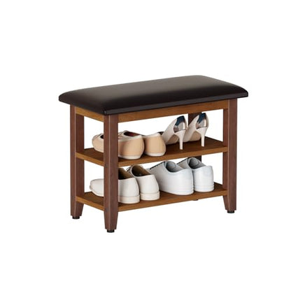 Shoe Bench with Leather Cushion,Rubberwood Bench with Shoe Rack | 2-Tier Shoe Storage Organizer for Entryway,Hallway,Living Room - size: 2-Tier-23.6"