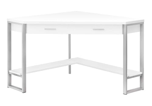 Pemberly Row Corner Computer Desk, 42 in, Particle Board and Metal, White and Silver Finish, 1 Drawer, Bottom Shelf, Contemporary Home Office Workstation for Small Spaces - color: White- Silver