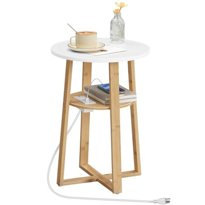 HOOBRO Round Side Table with Charging Station, Round Accent End Table with Bamboo Legs for Living Room, Bedroom, White and Natural YW101UBZ01 - color: White and Natural