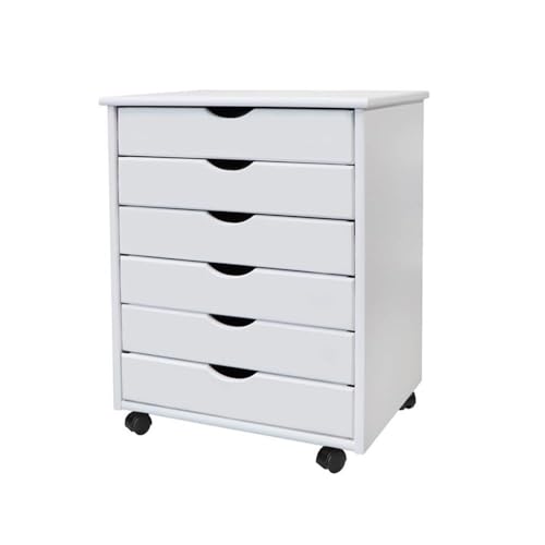 Pemberly Row Modern Solid Wood 6-Drawer Utility Cart, Compact Design, White Finish, L 15.35 x W 20.75 x H 25.43 in, Smooth Casters, Versatile Storage for Home Office, Studio, Craft Room - color: White, size: 20.75" x 15.35" x 25.43"