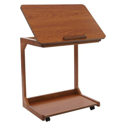 Modern C-Shaped End Table, 2 Tier Sofa Side Table with Wheels and Adjustable Desktop Small TV Tray Tables for Living Room Bedroom Apartment (Walnut, 60cm) - color: Walnut, size: 60cm