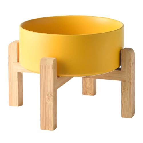 8'' Ceramic Raised Dog Bowl - 70Oz Dog Food & Water Bowl with Elevated Non-Slip Bamboo Stand, Dishwasher & Microwave Safe, Anti Vomiting Heavy Duty Pet Bowl for Medium and Large Dogs, Yellow - color: 1 x Bowl + Stand - Yellow, size: 8 inch