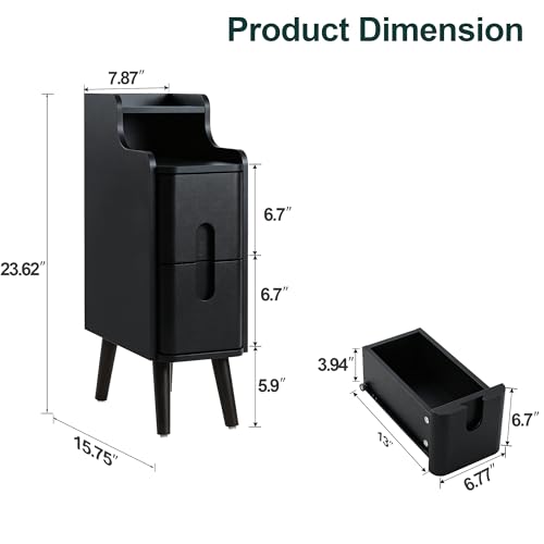 Black Narrow Nightstand, Wood 2 Drawer Small Nightstand, Slim Side Table, Modern Skinny End Bedside Table, Wood Night Stand with Drawers for Bedroom (Black-1 pc) - color: Black-1 Pc