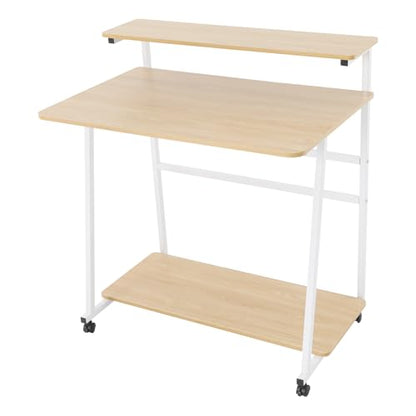 3 Tiers Rolling Computer Desk, 31.5 Inch Home Office Desk with 4 Wheels & 4 Foot Pads, Mobile Small Computer Desk, Student Study Table for Small Space Bedroom (White+Log Color) - color: White+log Color