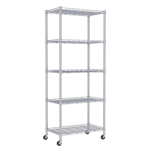REGILLER 5-Wire Shelving Metal Storage Rack Adjustable Shelves,Standing Storage Shelf Units for Laundry Bathroom Kitchen Pantry Closet(Silver,11.8" D x 21.2" W x 55" H,With Wheels) - color: Silver, size: With Wheels 5tier 11.8"D x 21.2"W x 53.5"H