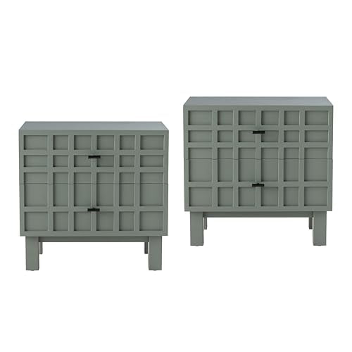 Aoikax Modern 2 Drawer Nightstand X 2P with Grid Carved Pine Front, Minimalist End Table Bedside Table with Metal Base for Bedroom, Ash Veneered Top, Metal Legs, Light Green - color: 2 Drawer, size: 2-PACK