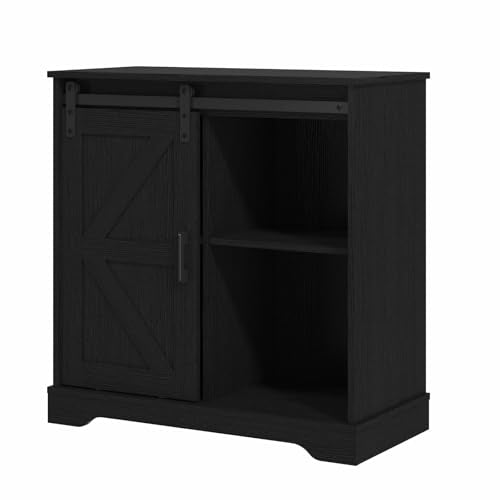 Panana Sliding Barn Door Buffet Sideboard Storage Cabinet Coffee Bar Kitchen Farmhouse Style (Black) - color: Black