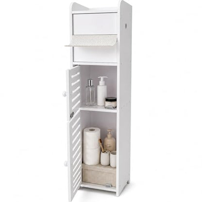 BorealBear Slim Bathroom Storage Cabinet with Toilet Paper Holder, Narrow Bathroom Cabinet for Small Spaces, Freestanding Organizer with Door & Shelves, Space Saving White Bathroom Cabinet