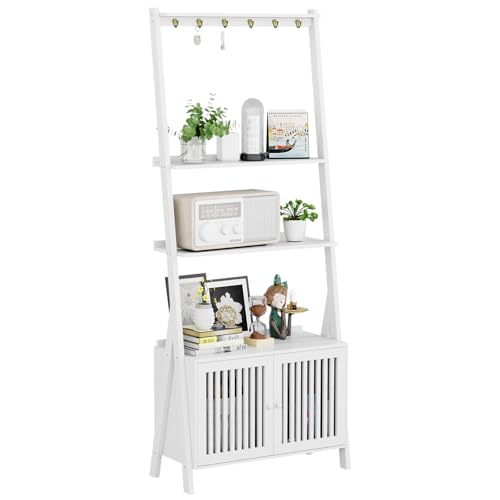 Bookcase with Drawers, 4-Tier Bamboo Bookshelf Ladder Shelf with 6 Hooks, 59.5"H x 24.8"L x 10.6"W, Tall Narrow Freestanding Standing Storage Organizer for Living Room, Office, Bedroom, White - color: 4-tier White