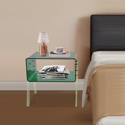 Acrylic Side Table, 2-Tier End Table with Open Storage for Small Spaces, Green Modern Nightstand for Bedroom, Living Room, Apartment - color: Green