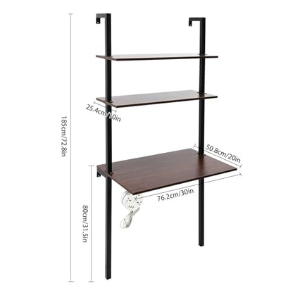 Wall Mounted Desk Computer Writing Table, Industrial Wall Mount Ladder, 3 Tier Computer Desk for Home Office Student Dormitories (Brown+Black) - color: Brown+black