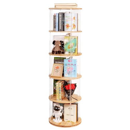 TAKEKIT 360° Rotating Bookshelf, 5-Tier Spinning Book Shelf Tower with Solid Wood & Clear Acrylic, Round Revolving Bookcase for Living Room, Bedroom and Office - color: Natural Round, size: 5-Tier
