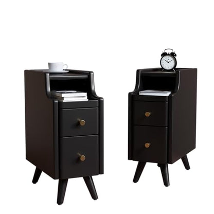AQIMUELE Narrow Nightstand Set of 2, Small Black Wood Bedside Table with Drawers, End Table for Small Spaces Bedroom - color: 2 Pc(black), size: 15.74''D*7.87''W*19.68''H