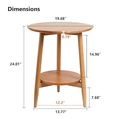 Side Table, Small Round End Table with 2-Tier Shelf, Solid Wood Nightstand for Living Room Bedroom, Mid Century Modern Accent Table for Small Spaces, Natural 19.49" D x 24.02" H