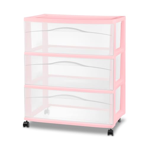 Sterilite Wide Storage Cart, 3 Clear Drawer Plastic Organizer with Wheels, Pink Frost Frame - Rolling Unit for Craft Supplies or Home Accessories - color: Pink, size: 1-Pack