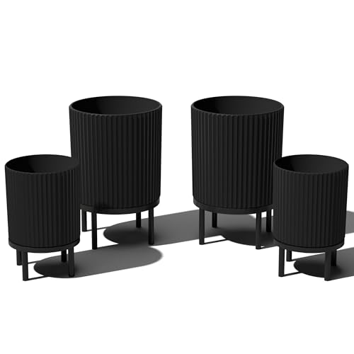 Veradek Demi Series Round Planter w/Stand for Porch/Patio | Durable Plastic-Stone Composite & Wooden Stand | Modern Décor for Tall Plants, Flowers - color: Black/Black, size: Bundle - 2 Pack
