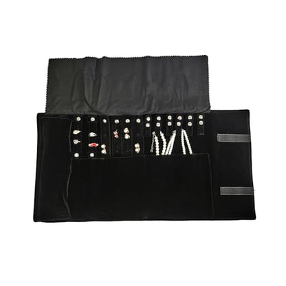 Velvet Travel Jewelry Case Roll Bag Organizer for Necklace Bracelet Earrings Ring (Black) (Black set) - color: Black Set