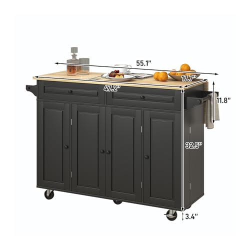 Squireewo 55" Kitchen Cart with Wood Top and Drop Leaf Breakfast Bar, Rolling Mobile Kitchen Island Table on Wheels with Drawer and Storage Cabinet, Spice Rack, Towel Rack, Black - size: 55"W