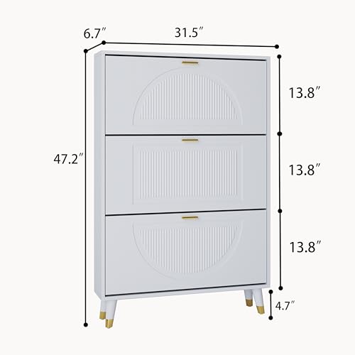 White Shoe Storage Cabinet: 32" Ultra Thin Small Shoe Cabinet for Entryway, Modern Slim and Narrow Hidden Shoes Rack Organizer with Doors and 3 Flip Drawer (1 Piece, 32") - size: 32"