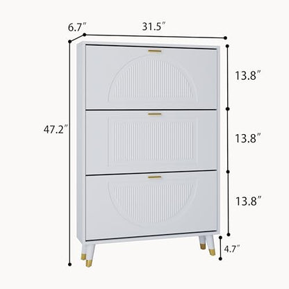 White Shoe Storage Cabinet: 32" Ultra Thin Small Shoe Cabinet for Entryway, Modern Slim and Narrow Hidden Shoes Rack Organizer with Doors and 3 Flip Drawer (1 Piece, 32") - size: 32"