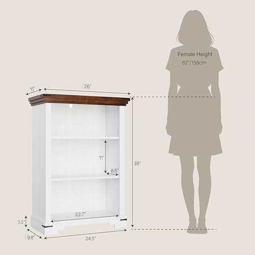 3-Tier Farmhouse Bookshelf, Book Shelf with Open Storage & One Adjustable Shelf, 9.8" D x 26" W x 38" H, Wooden Bookshelf for Study Room, Living Room, Kitchen, Bedroom (White) - color: White