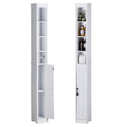 VECELO Narrow Bathroom Storage Cabinet with 3 Adjustable Shelves, 71" Tall Freestanding Cabinet with Toilet Paper Holder, Slim Tower Cabinet with Magnetic Door, for Small Spaces, White - color: Shelf Top
