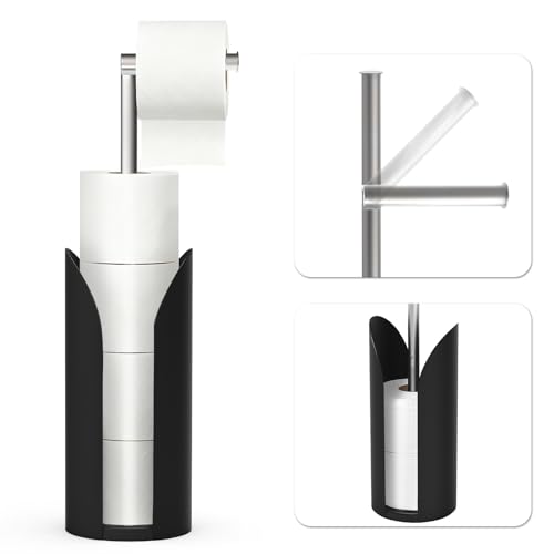 Toilet Paper Holder Stand for Bathroom, Stainless Steel Freestanding Rustproof Tissue Roll Holder with Storage Splash Guard, Holds 5 Rolls, Modern Black Bathroom Organizer, 21 Inch