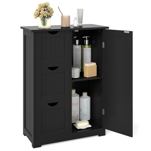 Tangkula Bathroom Floor Cabinet, Freestanding Storage Cabinet with 3 Drawers & Single Door, Adjustable Shelf, Multipurpose Bathroom Storage for Home Office, 23.5 x 12 x 32 Inches (3 Drawers, Black) - color: Black, style: 3 Drawers
