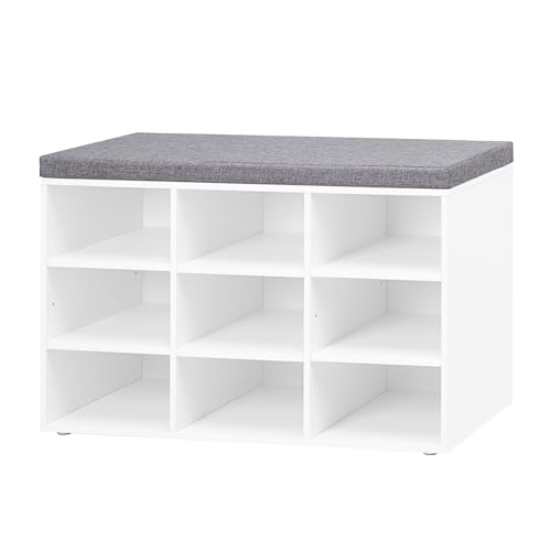 Shoe Storage Bench with Cushion, 31.5" Cubby Shoe Rack, 9 Cubbies | Entryway Shoe Organizer Bench, Adjustable Shelves for Boots, Removable Washable Cushion, Closet/Hallway/Bedroom/Garage, White - color: White, size: 9 Cubby