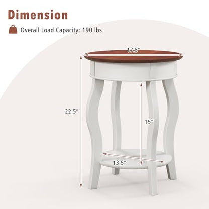 GOFLAME 2-Tier Round End Table, Compact Nightstand with Storage Shelf & Solid Wood Curved Legs, Accent Table, Mid-Century Sofa Side Tables for Living Room, Bedroom, Small Space, White