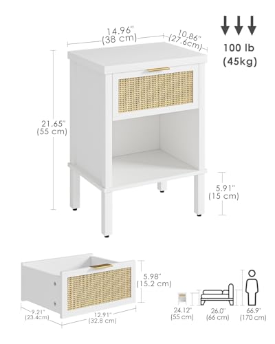 Rattan Nightstand with Drawer and Open Shelf, Boho Side Table with Gold Handle, Small Night Stand, Modern Bedside Table for Bedroom, White - color: White