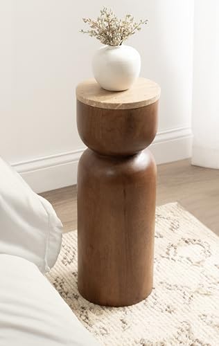 Kate and Laurel Teo Transitional Mango Wood Drink Table, 8 x 8 x 22, Walnut Brown and Natural Travertine, Sculptural Bedroom Nightstand with Unique Pedestal Table Design for Use as Indoor Plant Stand - color: Walnut Brown