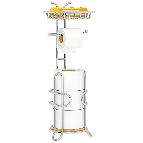 Toilet Paper Holder Stand, Free Standing Tissue Roll Storage Rack with Shelf for Bathroom, Chrome - color: Chrome With Bamboo
