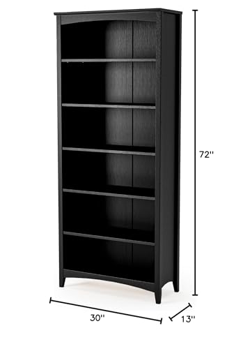 Camaflexi Shaker Style 6 Shelf Bookcase/Solid Wood / 72 inch Tall/Adjustable Shelving/Closed Back/Display Bookshelf for Living Room, Bedroom, Home and Office, Black - color: Black, size: 72"