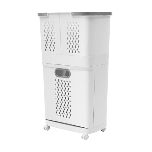 2 Tier Rolling Laundry Hamper Sorter, Removable Laundry Basket Cart with Wheels and Handle Removable Clothes Hamper Organizer White Portable Storage Baskets with 3 Deep Baskets for Bathrooms