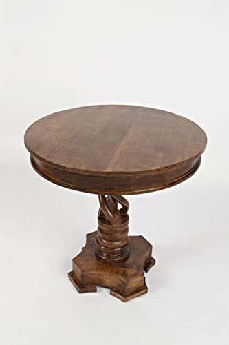 Jofran Global Archive Solid Mango Wood Hand Carved Pedestal Dining Table, Vintage Side Table, 30L X 30W X 30H, Brown