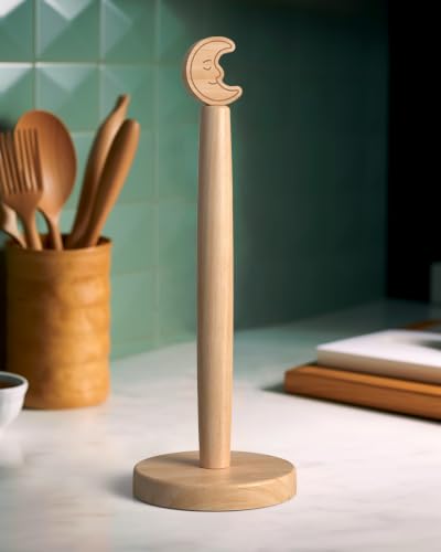 KitchLife Cute Wooden Paper Towel Holder Countertop - Solid Freestanding Paper Towel Dispenser Stand Organizer with Anti-Skid Base (Moon) - style: Moon