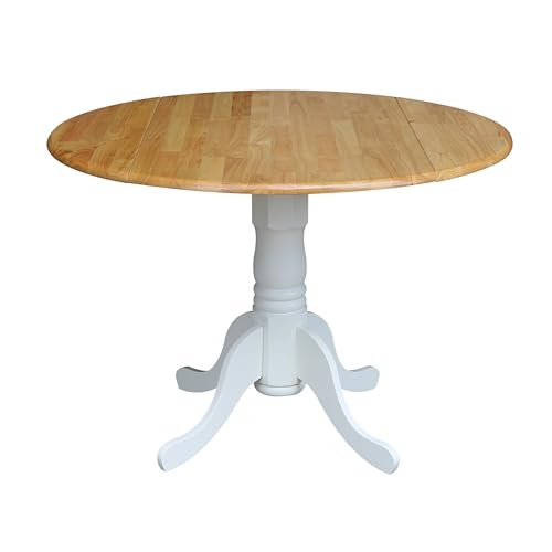 42" Round Dual Drop Leaf Pedestal Dining Table, Solid Wood, Easy Assembly, 20mm Top Thickness, Kitchen/Dining Room, Includes Two 9" Drop Leaves, Durable Parawood Construction, Unfinished - color: Natural/White