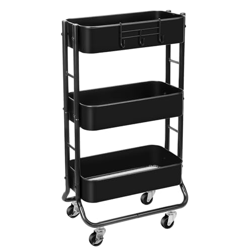 MAX Houser Slim 3-Tier Rolling Utility Cart with Extra Hook, Black | Narrow Metal Bathroom Storage Multifunctional Organizer Carts with Wheels with Extra Hook, Laundry Room,Kitchen,Small Space - color: Black, size: 3-Tier Narrow Cart