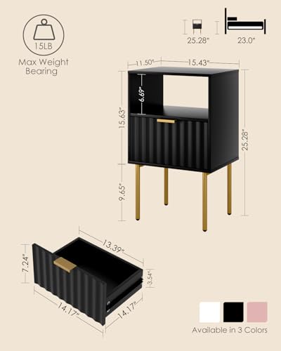 Nightstand,Modern Bedside Table with Gold Frame,White Night Stand,Bedside Furniture, Modern Side Table with Drawer and Shelf for Bedroom (Black) - color: Black