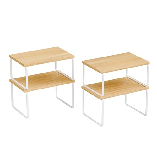 Ekisemio Kitchen Cabinet Organizer, Bamboo Spice Rack Organizer for Cabinet, Stackable & Expandable Counter Shelves, Set of 4, White and Natural