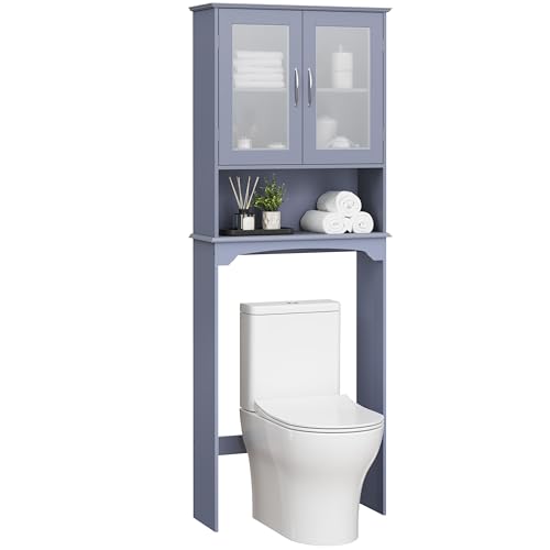 Yaheetech Over The Toilet Storage Cabinet, Free Standing Toilet Rack with Adjustable Shelves and Tempered Glass Doors for Bathroom Washroom, Grey - color: Grey