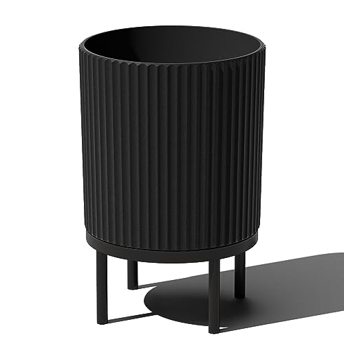 Veradek Demi Series Round Planter w/ Stand for Porch/Patio | Durable Plastic-Concrete & Wooden Stand | Modern Décor for Tall Plants, Flowers - color: Black/Black, size: 16 inch
