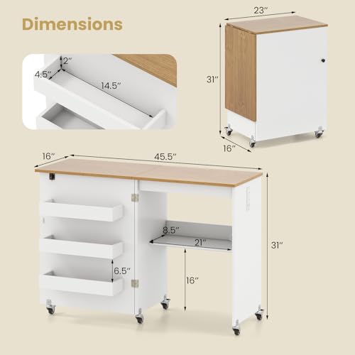 Giantex Folding Sewing Table with Charging Station, Storage Trays & Shelf | Rolling Craft Table with Lockable Wheels, Foldable Sewing Machine Cabinet Desk for Small Spaces, Dorms, White & Natural - color: White & Natural