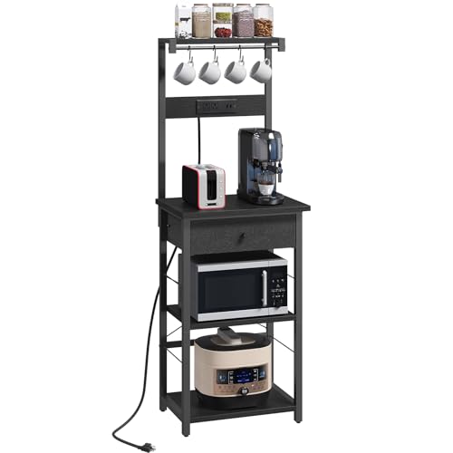 MAHANCRIS Bakers Rack with Drawer, Microwave Stand with Power Outlet, Coffee Bar Station with 4 Hooks, Kitchen Storage Shelf Rack 4 Tiers, for Kitchen, Dining Room, Black BRBK48E01 - color: Black