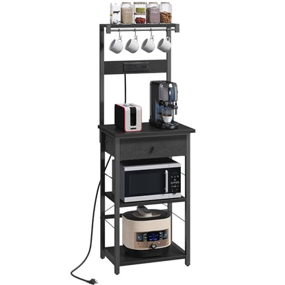 MAHANCRIS Bakers Rack with Drawer, Microwave Stand with Power Outlet, Coffee Bar Station with 4 Hooks, Kitchen Storage Shelf Rack 4 Tiers, for Kitchen, Dining Room, Black BRBK48E01 - color: Black