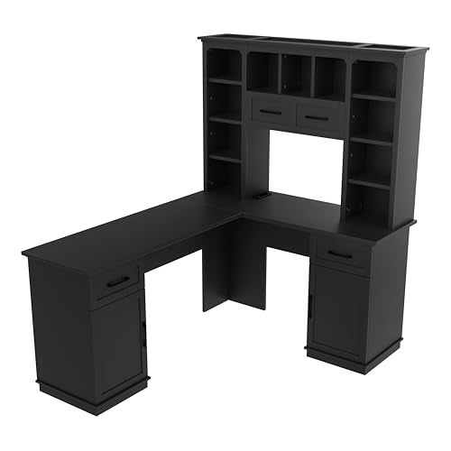 L-Shaped Home Executive Desk with 2 Cabinets and 2 Drawers, Computer Desk with Power Outlet, 11 Open Shelves and 1 Right Flip Shelf with Storage for Study, Living Room and Office (Black-02) - color: Black-02