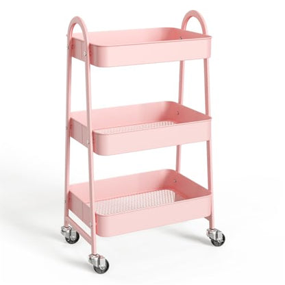 3-Tier Metal Rolling Utility Cart, Small Rolling Cart Kitchen Trolley Bathroom Laundry Room Bar Office Shelves Storage Organizer Shelving Unit with Caster Wheels for Narrow Places, Pink - color: Pink