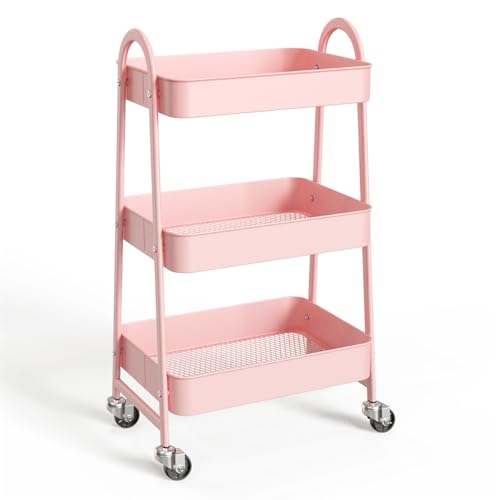 3-Tier Metal Rolling Utility Cart, Small Rolling Cart Kitchen Trolley Bathroom Laundry Room Bar Office Shelves Storage Organizer Shelving Unit with Caster Wheels for Narrow Places, Pink - color: Pink