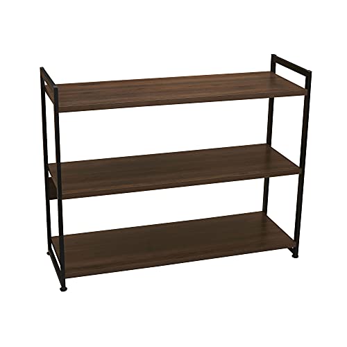Household Essentials Jamestown Wide 3 Shelf Open Storage Bookshelf Mid Century Walnut Wood Grain and Black Metal - color: Walnut